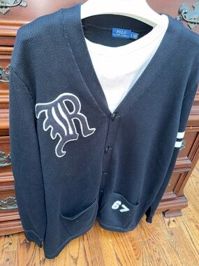 POLO Ralph Lauren sz L Cotton Knit Embroidered Felt Cardigan collegiate preppy